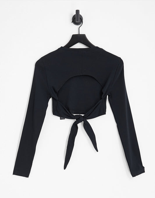 ASOS DESIGN long sleeve crop top with tie back in black