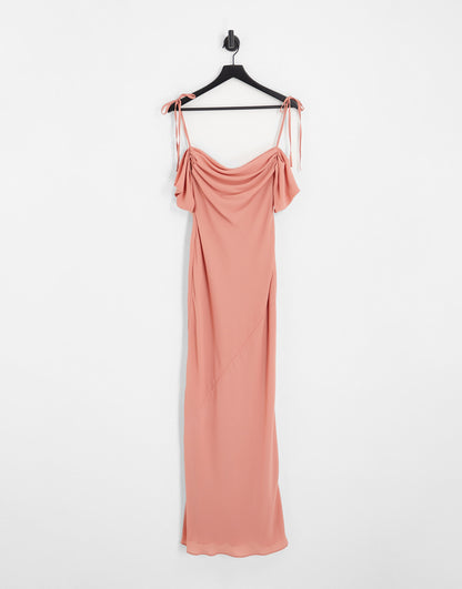 ASOS DESIGN Bridesmaid cowl front maxi dress with cold shoulder detail in dusty rose