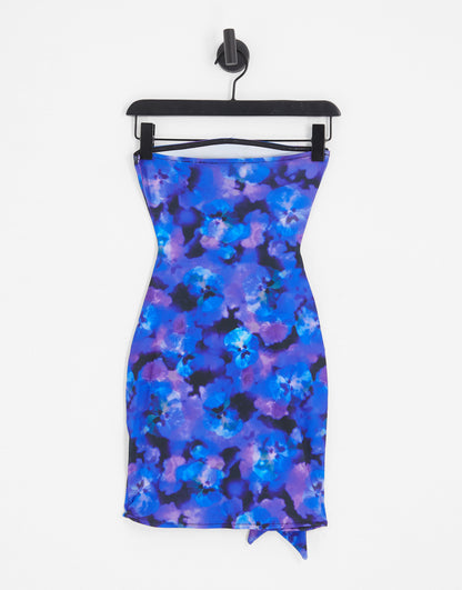 Pull&Bear tie waist bandeau mini dress in blue floral