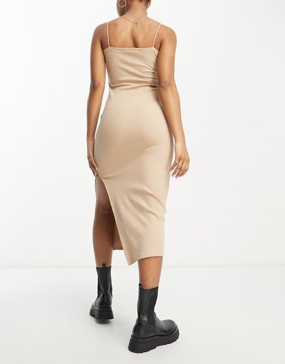 Miss Selfridge strappy midi dress with split detail in sand