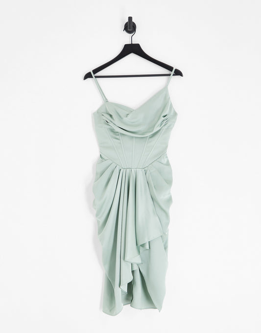 Lavish Alice satin corset midi dress with draped skirt in sage