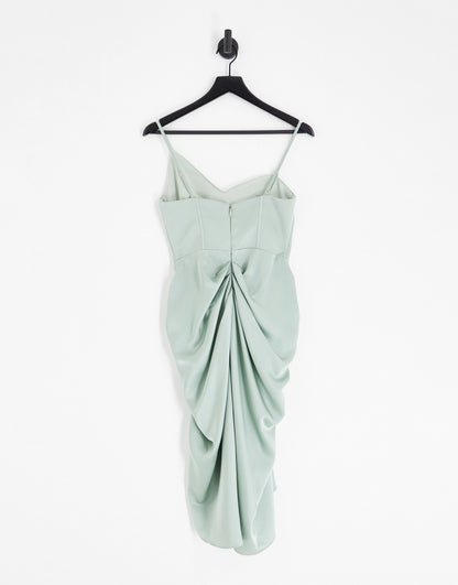 Lavish Alice satin corset midi dress with draped skirt in sage