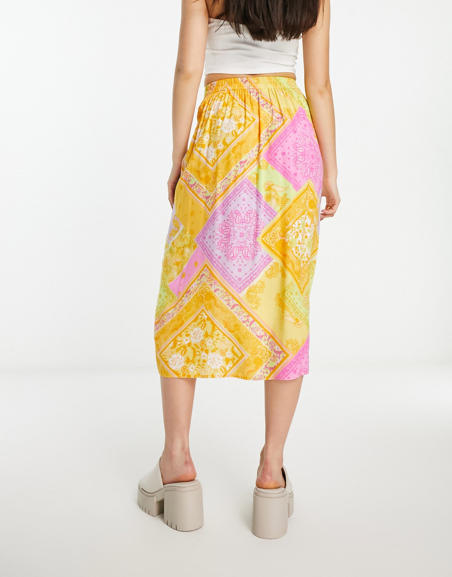 Miss Selfridge ruched front midi skirt in patchwork scarf print