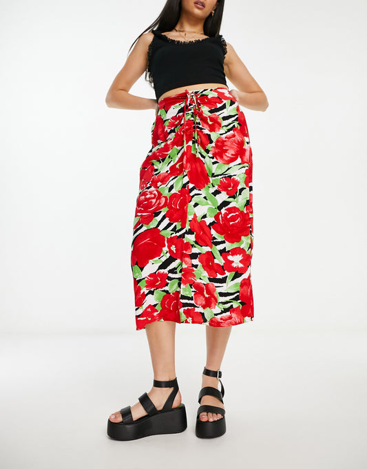 Miss Selfridge ruched front midi skirt in zebra floral