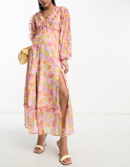 Miss Selfridge chiffon frill detail maxi dress in bright ditsy floral