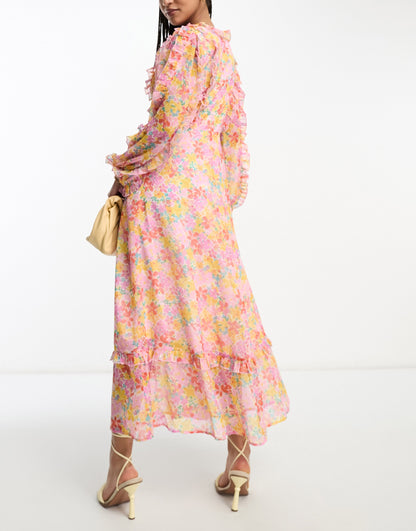 Miss Selfridge chiffon frill detail maxi dress in bright ditsy floral