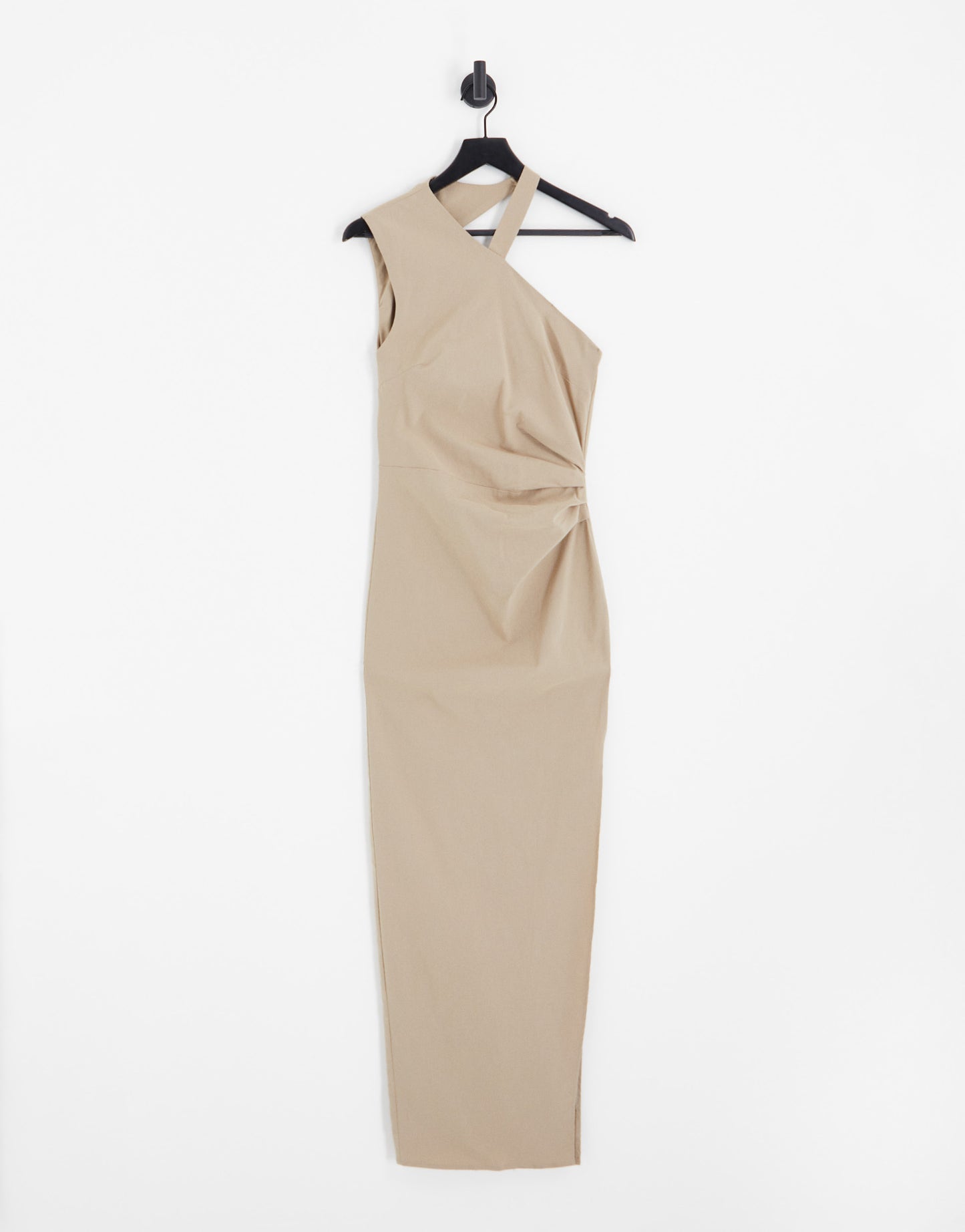 ASOS DESIGN Tall bengaline one shoulder wrap neck bodycon midi dress with split in camel