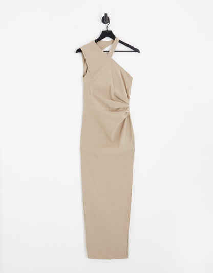 ASOS DESIGN Tall bengaline one shoulder wrap neck bodycon midi dress with split in camel