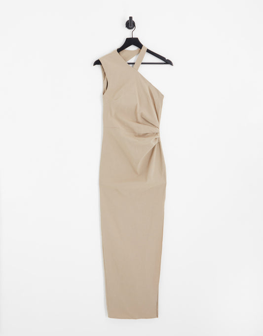 ASOS DESIGN Tall bengaline one shoulder wrap neck bodycon midi dress with split in camel