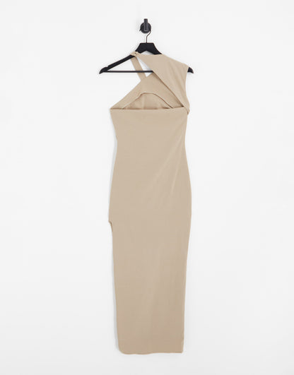 ASOS DESIGN Tall bengaline one shoulder wrap neck bodycon midi dress with split in camel