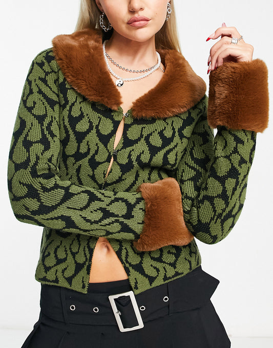 COLLUSION knitted fur trim split front cardigan in khaki and brown jacquard