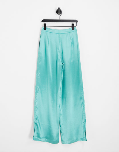 Vila satin tailored wide leg trouser co-ord in green