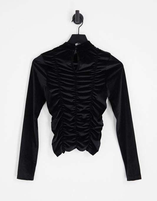 Topshop long sleeve ruched velvet top in black