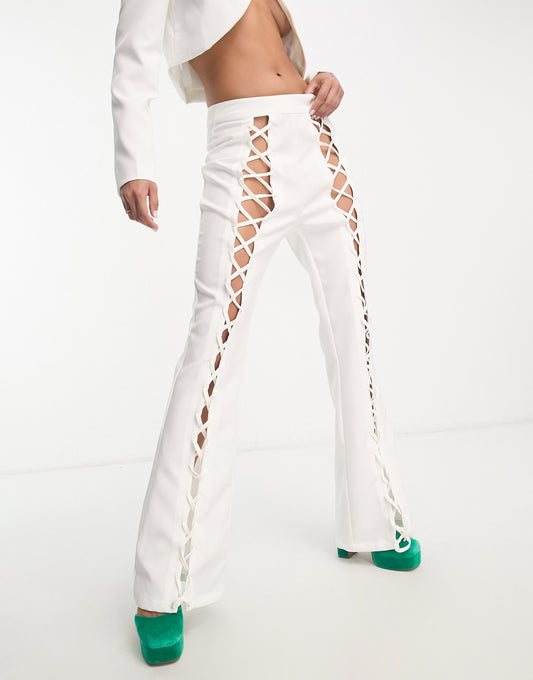 Extro & Vert lace front flare leg trousers in white co-ord