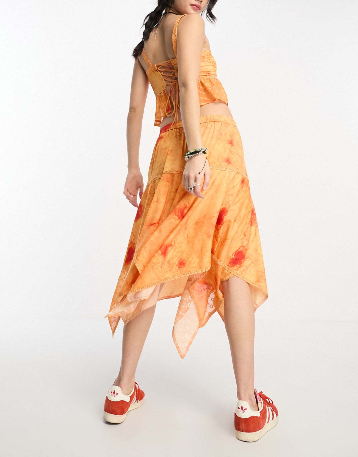 Reclaimed Vintage asymmetric midi skirt with lace and broderie detail in washed orange co ord