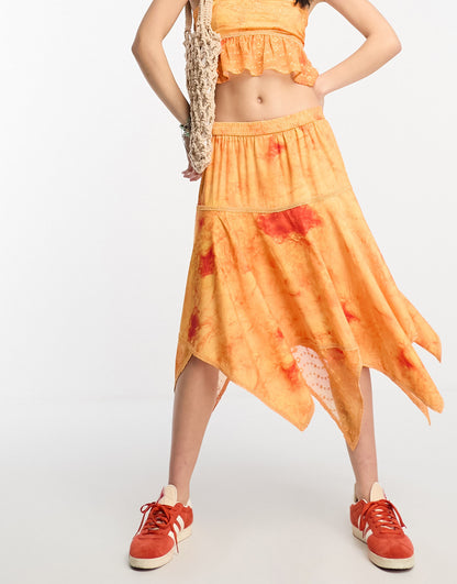 Reclaimed Vintage asymmetric midi skirt with lace and broderie detail in washed orange co ord