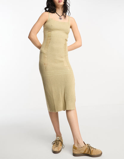 Reclaimed Vintage midi knitted dress with stitch distressing in neutrual