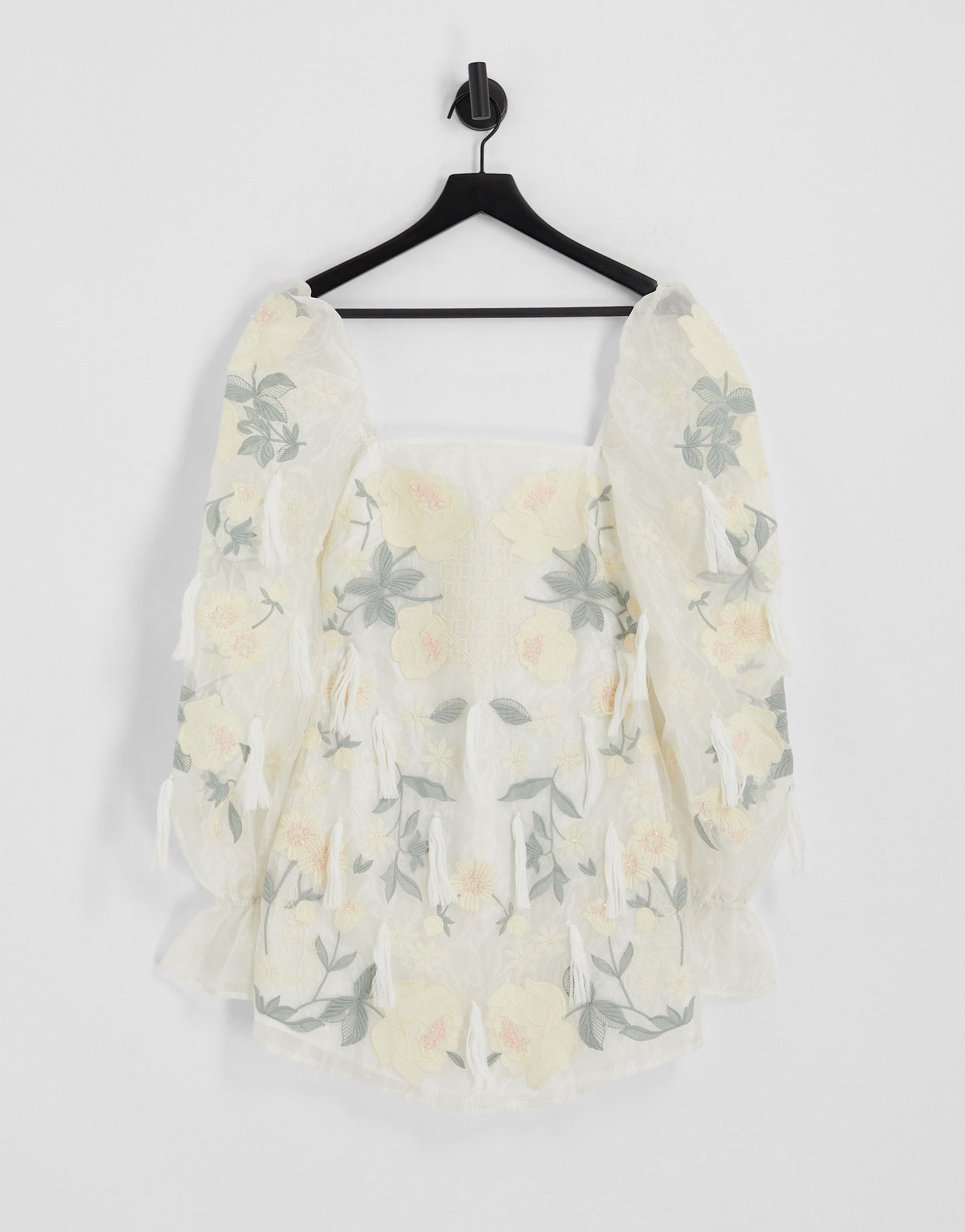 ASOS LUXE applique embroidered puff sleeve tassle detail mini dress in white