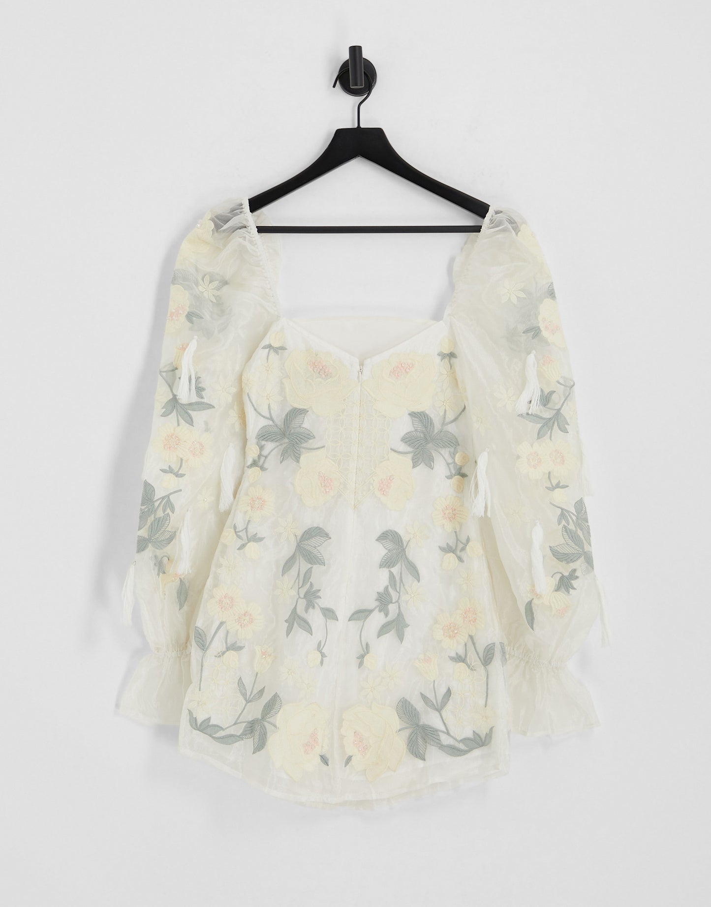 ASOS LUXE applique embroidered puff sleeve tassle detail mini dress in white