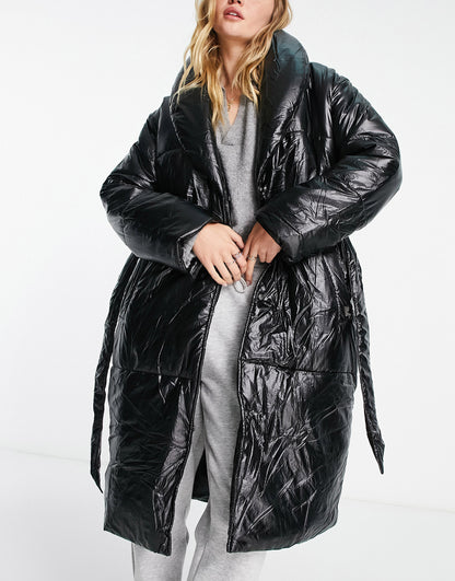 River Island crinkle robe puffer coat in black