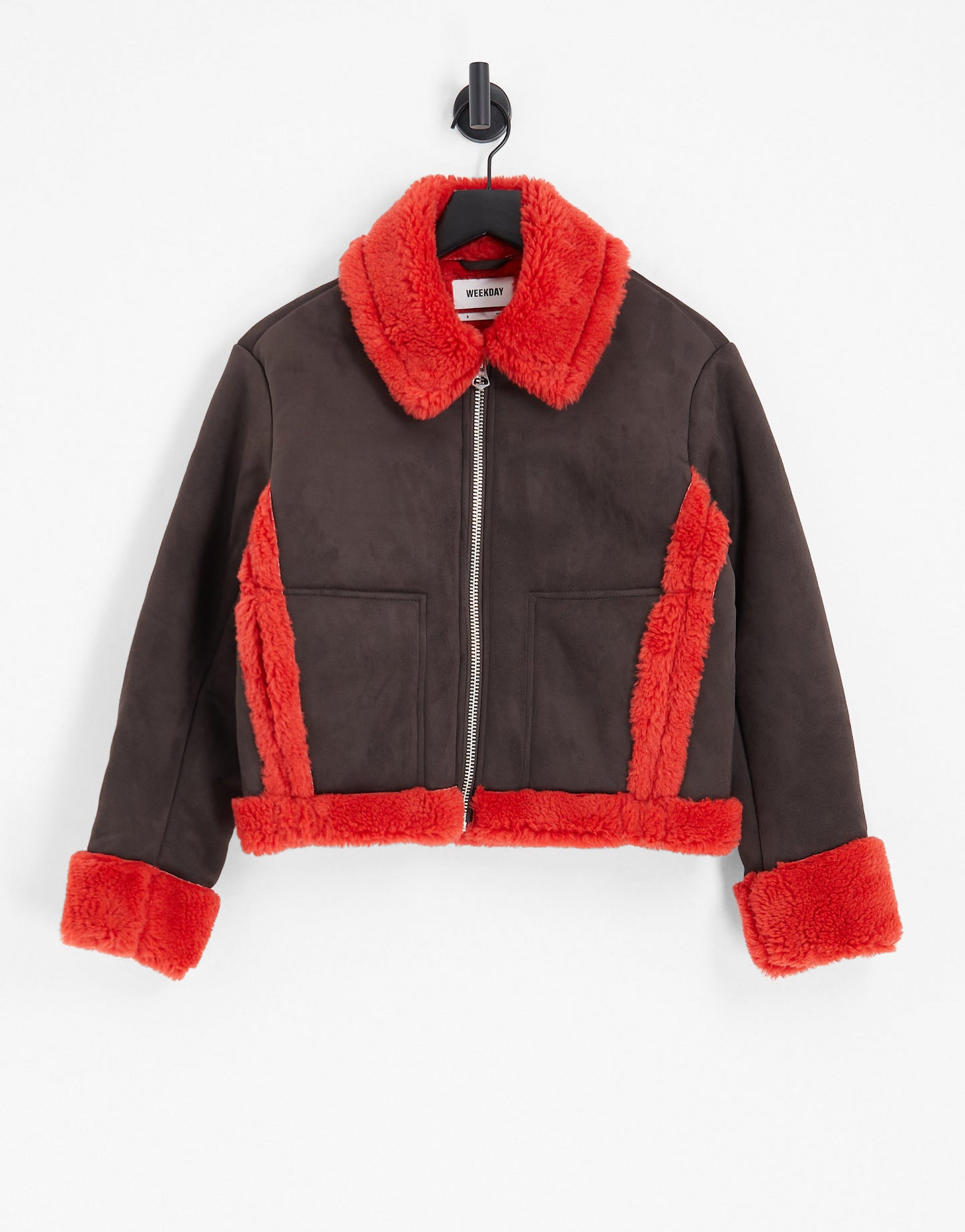 Weekday Enzo suedette bonded shearling jacket in brown with red contrasts