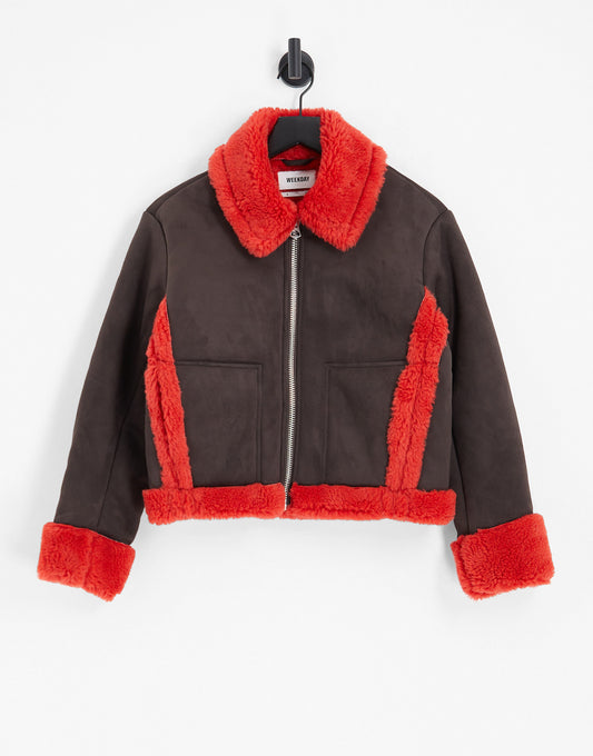 Weekday Enzo suedette bonded shearling jacket in brown with red contrasts