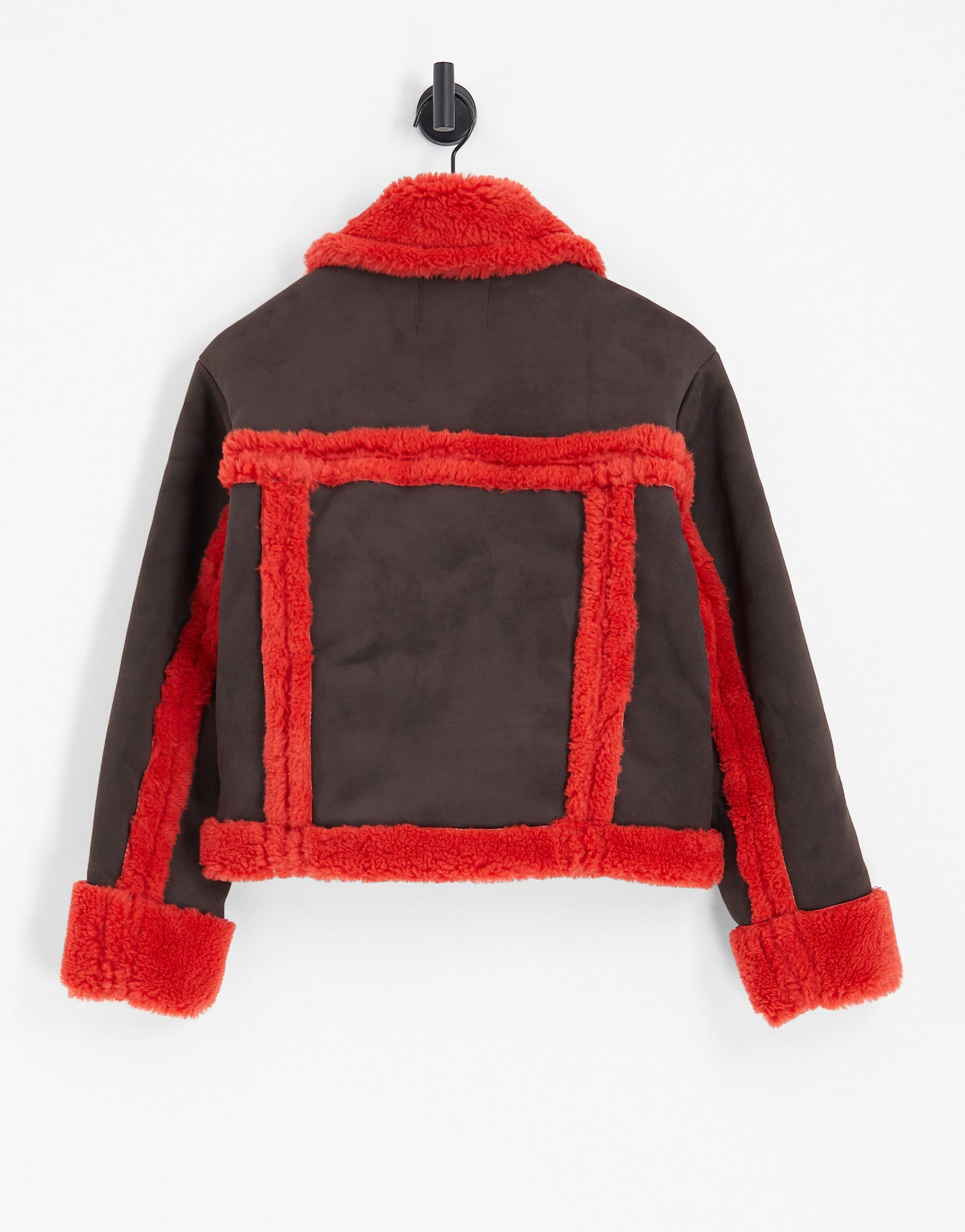 Weekday Enzo suedette bonded shearling jacket in brown with red contrasts