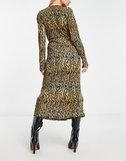 Edited wrap front midi dress in tiger print