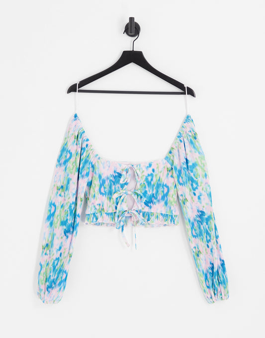 The Frolic exclusive plisse tie back co-ord top in blue washed floral