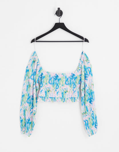 The Frolic exclusive plisse tie back co-ord top in blue washed floral