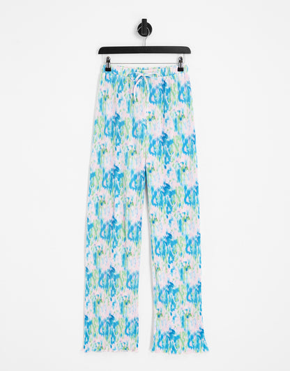 The Frolic plisse wide leg trouser co-ord in blue washed floral