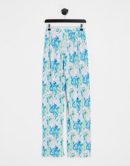 The Frolic plisse wide leg trouser co-ord in blue washed floral