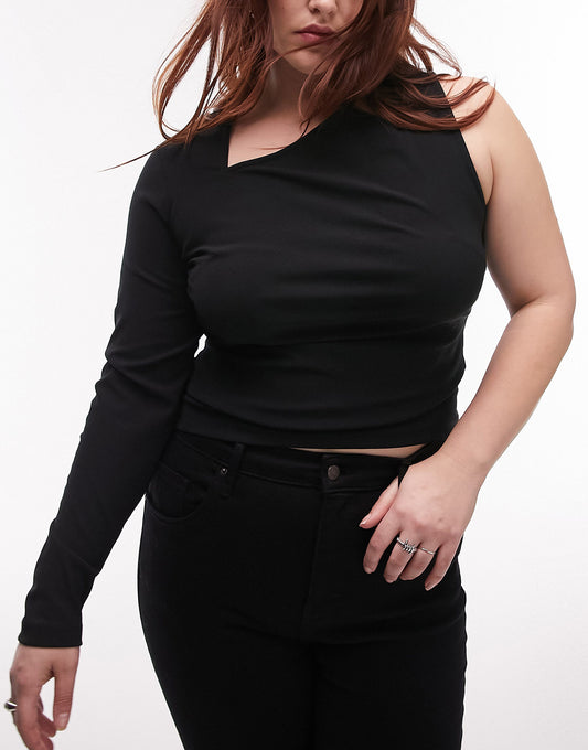 Topshop Curve asymmetric one shoulder top in black