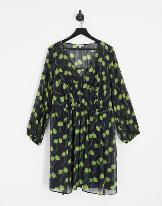 Topshop Curve gathered waist printed mini dress in green