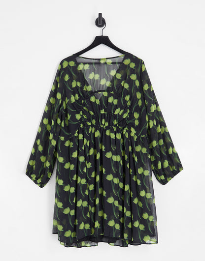 Topshop Curve gathered waist printed mini dress in green