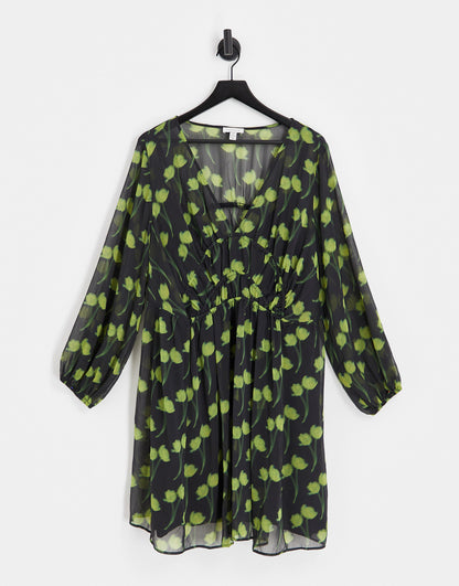 Topshop Curve gathered waist printed mini dress in green