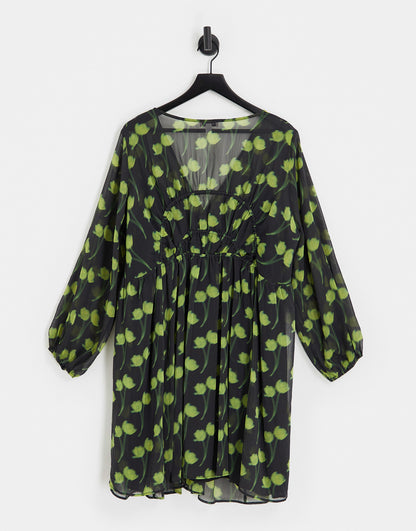 Topshop Curve gathered waist printed mini dress in green