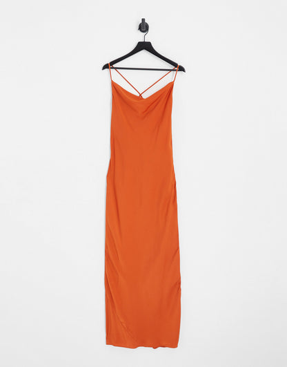 ASOS DESIGN satin cami maxi slip dress with lace up back in rust