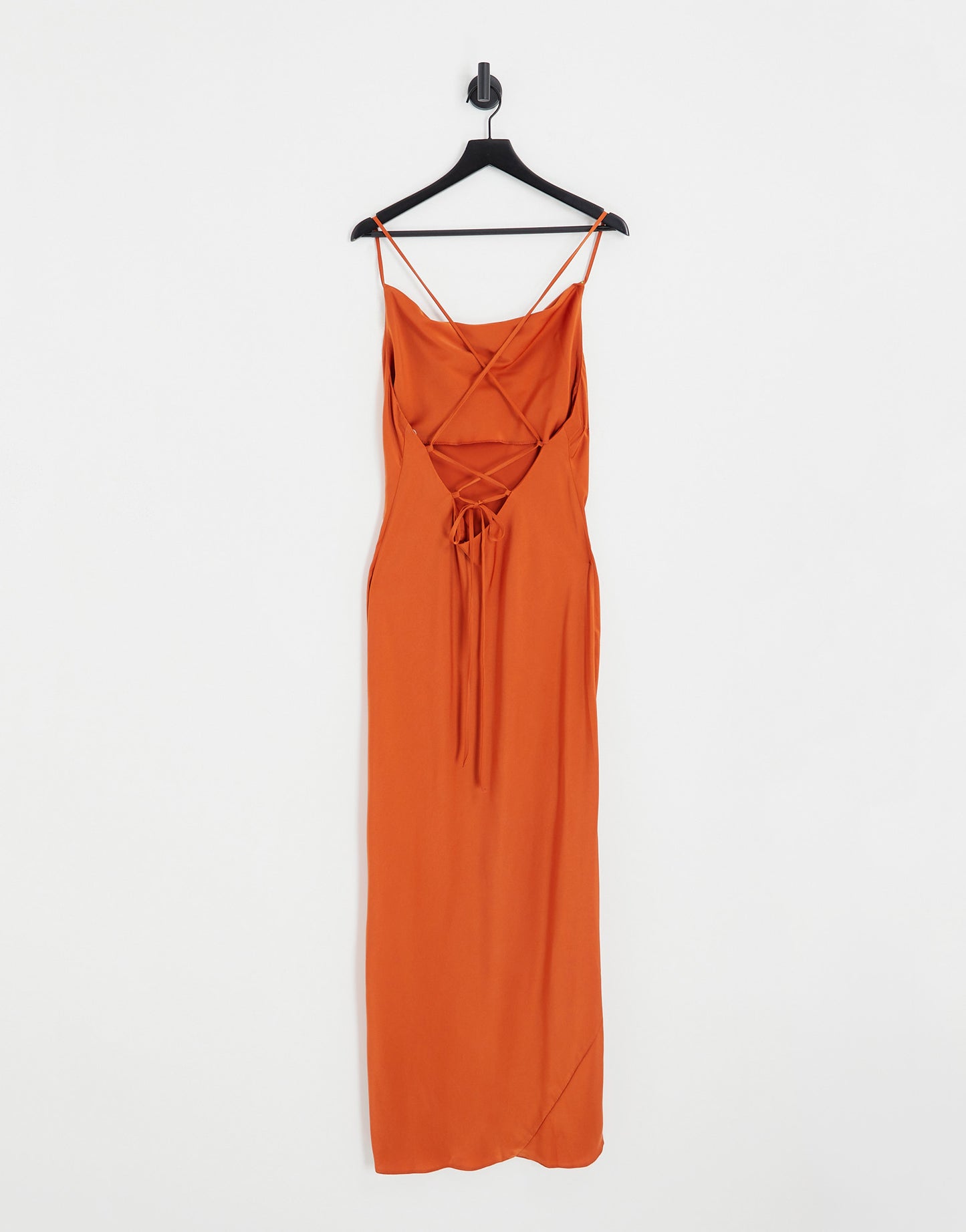 ASOS DESIGN satin cami maxi slip dress with lace up back in rust