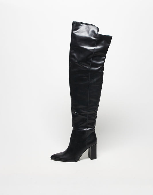 Stradivarius thigh high heeled boot in black