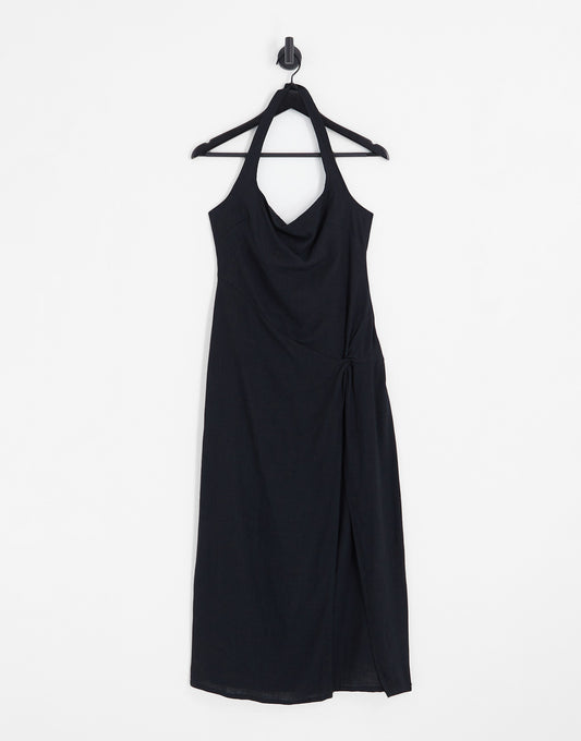 ASOS DESIGN linen scoop halter maxi sundress with knot detail in black