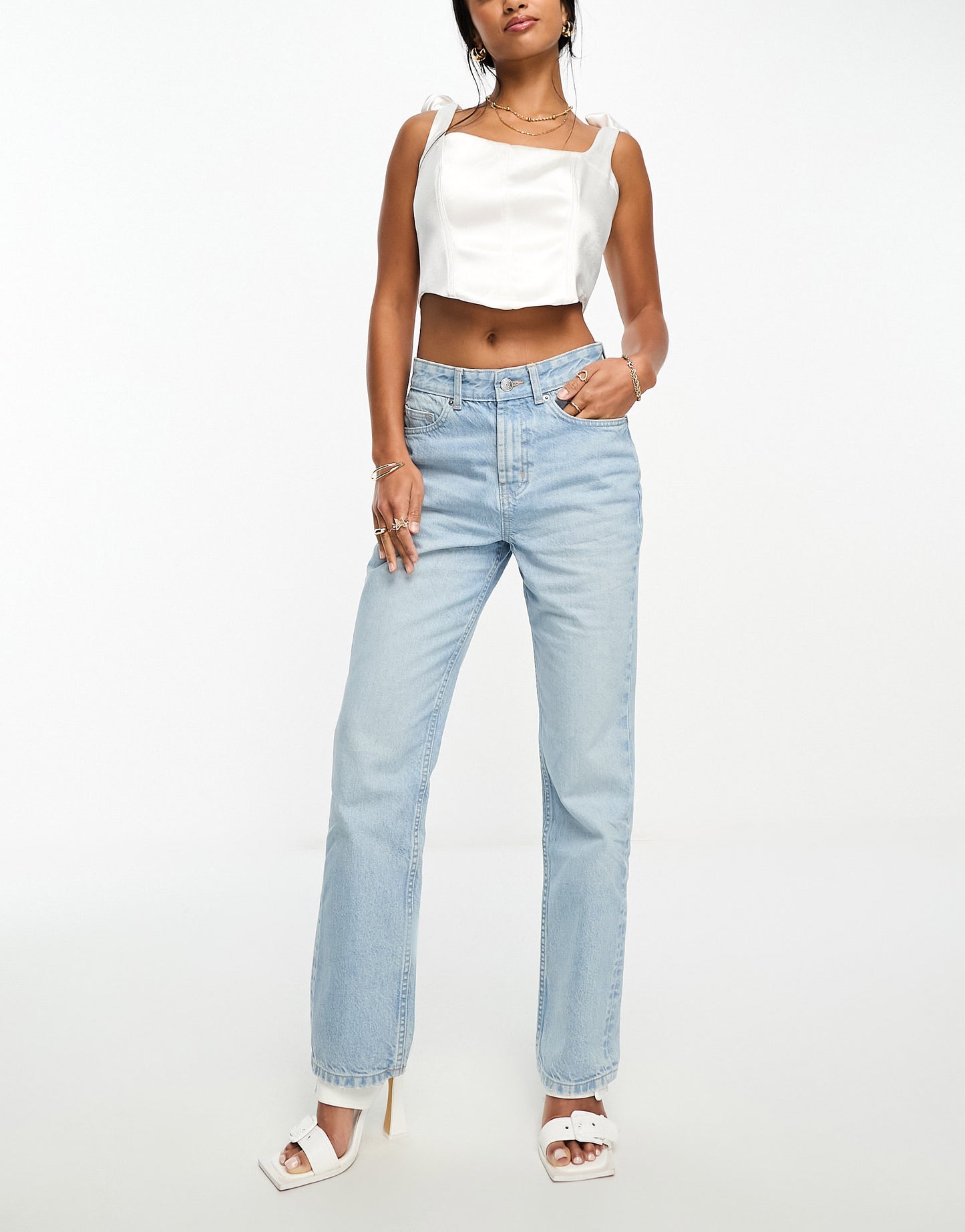 ASOS DESIGN Petite mid rise straight jeans in light blue