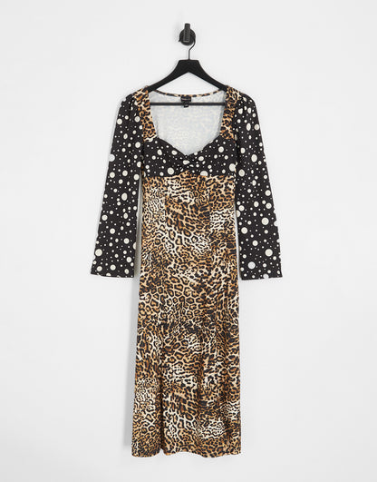 River Island animal and spot mixed print midi dress in brown