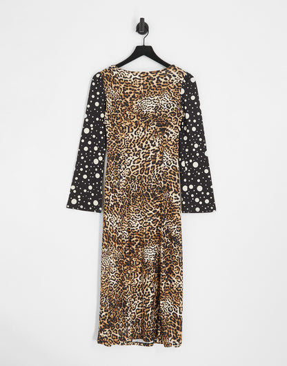 River Island animal and spot mixed print midi dress in brown