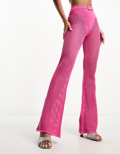 ASYOU knitted crochet flare trouser co-ord with diamante trim in pink