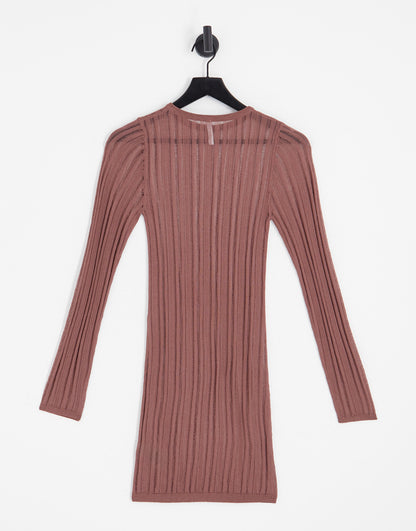 ASYOU sheer striped long sleeve knitted dress in chocolate