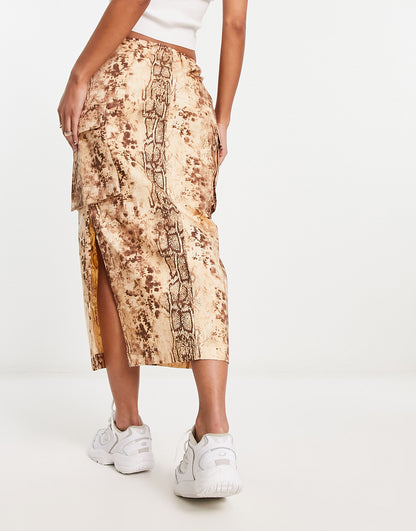 ASOS DESIGN cargo midi skirt in beige snake print