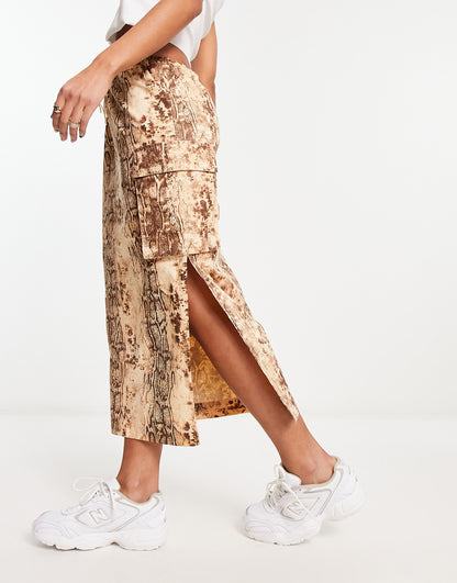 ASOS DESIGN cargo midi skirt in beige snake print