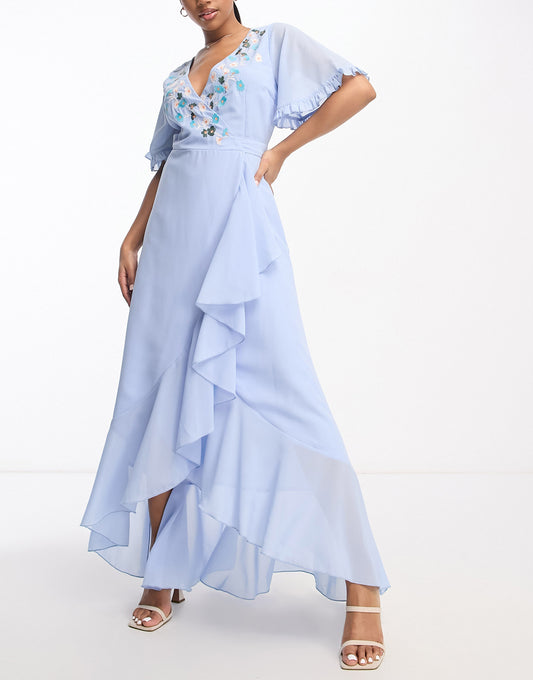 Maya embroidered wrap dress in baby blue