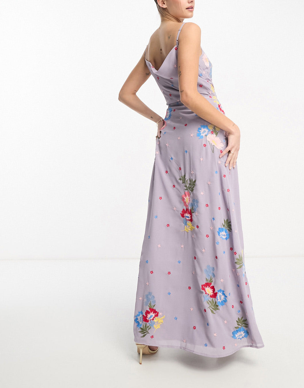 Maya cami maxi dress with wrap skirt and cowl back in lilac